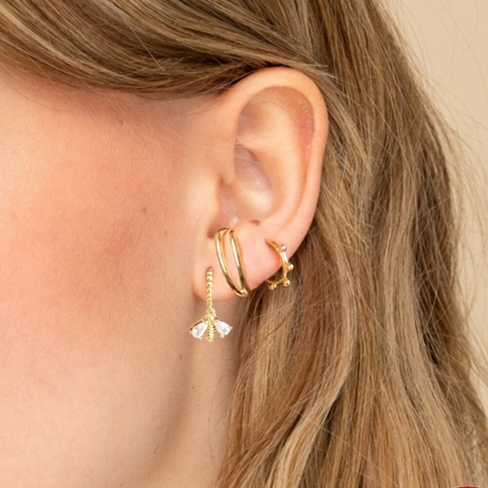 21100 925 Sterling Silver Bee C Circle Earrings | Minimalist Studs Hoops Huggies